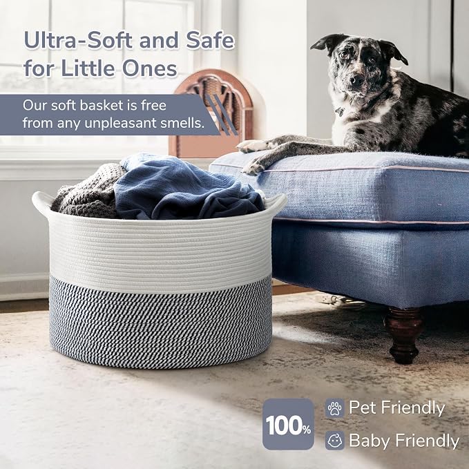 INDRESSME XXXLarge Woven Rope Blanket Basket Living Room Navy, 90L - Image 5