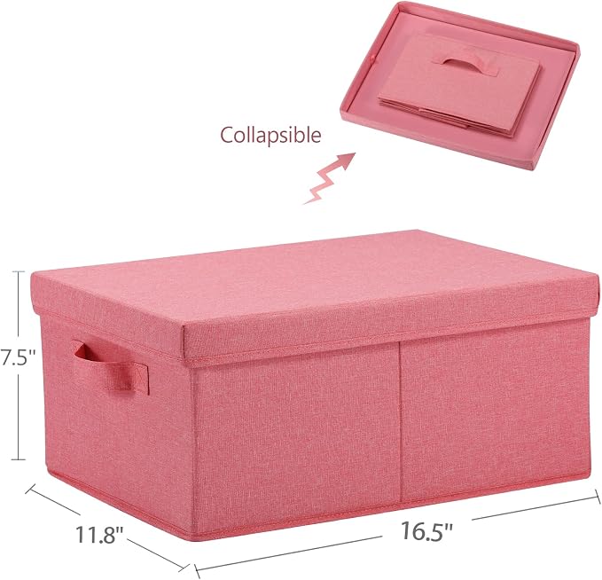 HOONEX Linen Foldable Storage Bins with Lids, 2 Pack, Storage Boxes with Carrying Handles and Sturdy Heavy Cardboard, 16.5" L x 11.8" W x 7.5" H for Shoes, Books, Clothes, Nursery, Pink - Image 6