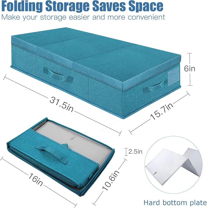 Supowin 2Pack Large Underbed Storage Containers Bin with Lids, Cyan Blue | 6 Inches Tall Under Bed Storage Organizer Box with Handles, Foldable Closet Organizer for Clothes, Blankets, Seasonal Items - Image 2