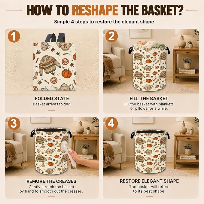 Autumn Sweater Laundry Basket,Fall Pumpkin Foldable Oxford Clothes Hamper with Handles, Portable Dirty Clothes Storage Bucket for Laundry Room Bedroom Bathroom Dorm Decor,20.8x16 Inch - Image 6