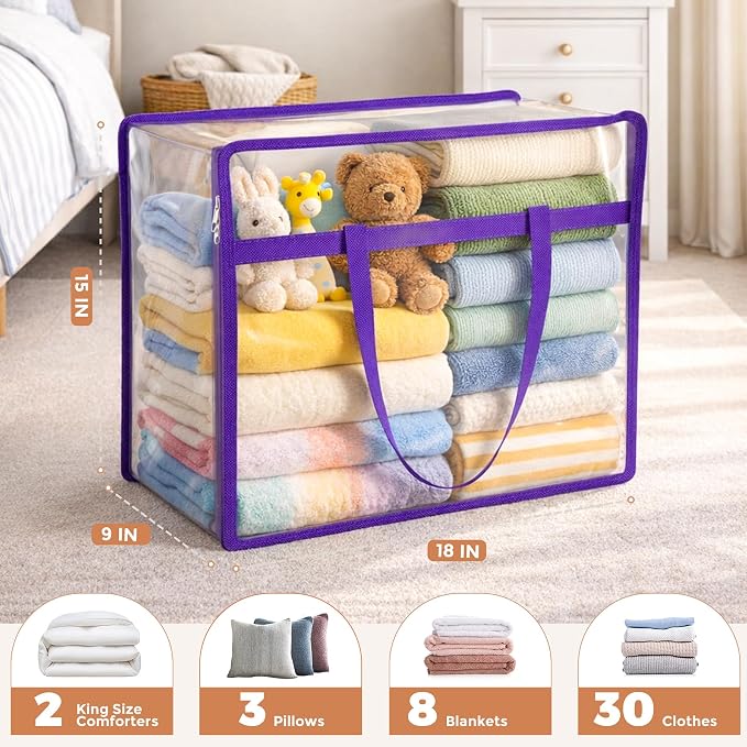6 Pack Clear Storage Bags for Clothes, 45L Closet Organizers and Storage | Plastic storage with zipper and handle, moving bags, under-bed storage, closet organizer for blankets, comforters, toys - Image 2
