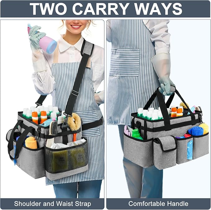 Cleaning Caddy Bag,Large Cleaning Supplies Organizer with Handle for Housekeepers,Gray - Image 5