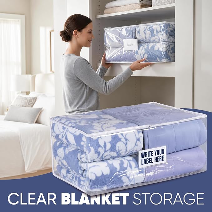 Masirs Clear Blanket Storage Bag (2-Pack) - Vinyl Clothing Organizers with Zipper & Label Pocket - Protects from Dust, Moisture & Dirt - Ideal for Underbed Storage Sheets, Comforters & Bedding - Image 6