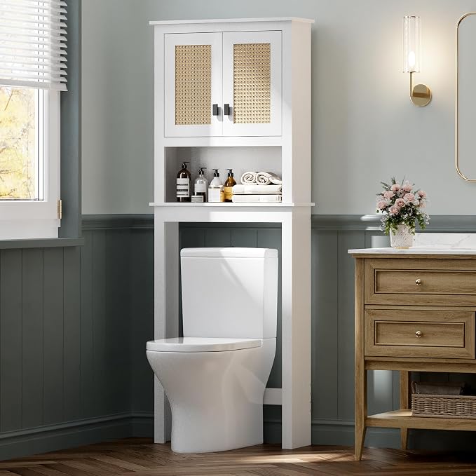 GarveeHome Over The Toilet Storage Cabinet, Farmhouse Over Toilet Bathroom Organizer with Rattan Doors, Freestanding Wood Above Toilet Storage Cabinet with Adjustable Shelf, White by GarveeHome