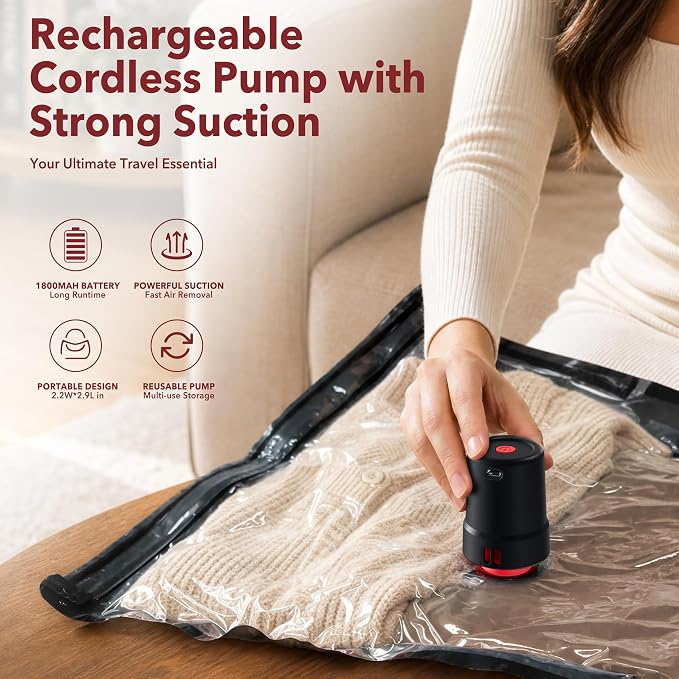 MEIQIHOME 20 Pack PackEase Travel Vacuum Bags 1800mAh Wireless Pump, 80% Compression Space Saver for Luggage, Clear PA+PE Reusable Seal Bags for Clothes, Portable Electric Air Pump for Travel & Home - Image 3