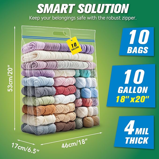 HIBAG 10 Gallon Large Storage Bags, 18” x 20” Resealable Clear Bags with Handle, Extra Large XL Heavy Duty for Clothes Pillow Travel Moving, Pack of 10 - Image 2