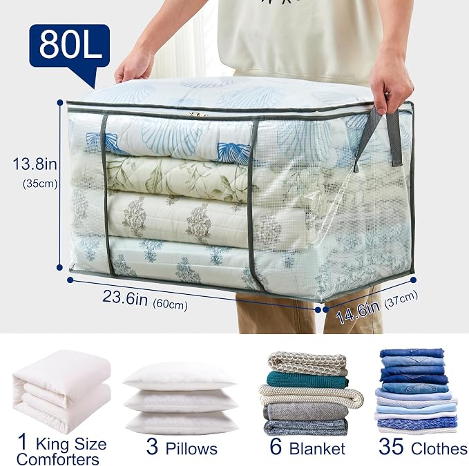 80L Clear Large Storage Bag for Clothes Comforters Blankets Pillows Bedding - Image 2