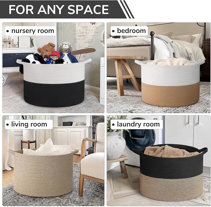 INDRESSME 115L Extra Large Woven Rope Blanket Basket Living Room WhiteBlack - Image 4