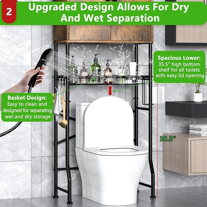 Over The Toilet Storage Cabinet - 2-Door Bathroom Organizer Shelf, Freestanding Space-Saver Toilet Rack with Privacy Protection, Water-Resistant Above Toilet Storage Cabinet for Small Bathrooms(Brown) - Image 3