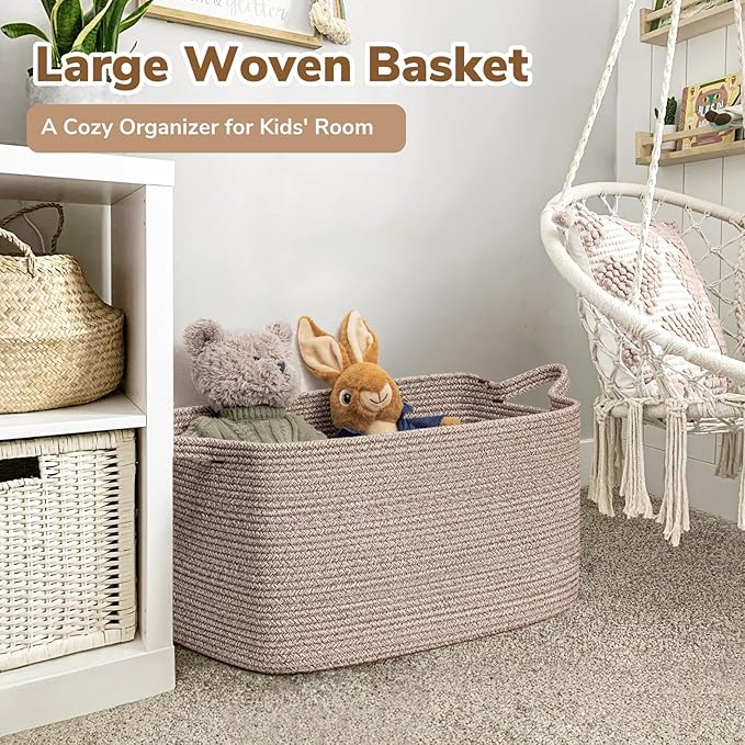 Goodpick Large Woven Rope Blanket Basket, Rectangle, Brown, 75L - Image 2