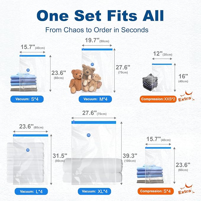 HOUSE DAY 22 Pack Vacuum Seal Bags For Clothing Travel, 80% Space Saving Travel Vacuum Bags with Electric Pump, Vacuum Storage Bags For Clothes, Comforters, Blankets, Moving, Storage & Organization - Image 9