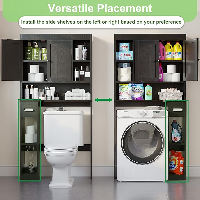 Over The Toilet Storage Cabinet with 7 Shelves, Imitation Walnut Grain Above Toilet Bathroom Organizer with Toilet Paper Holder Stand, Space Saver for Restroom, Laundry, Bathroom (Black) - Image 3