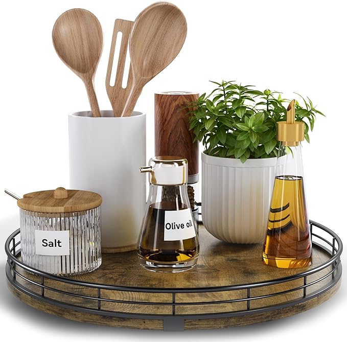 Lazy Susan Turntable Organizer for Table Top, 12’’ Round Wooden Lazy Susan for Cabinet Kitchen Countertop Pantry Dining Coffee Table for Condiments Spices, Rustic Bathroom Vanity Tray for Soap Candle by HGF