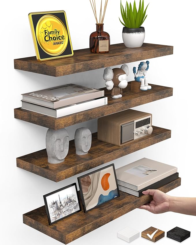BAYKA Rustic Brown Floating Shelves 15.7in, Set of 4, Wall Mount Wood Shelf by Bayka
