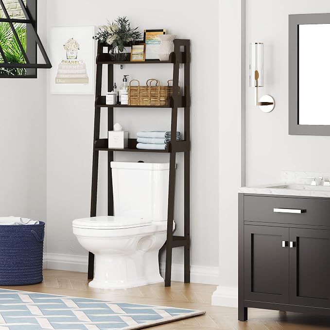 UTEX Behind Toilet Bathroom Organizer, 3-Tier Wood Ladder Shelf, Espresso - Image 4