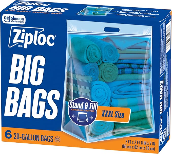 Ziploc Big Bags 20 Gallon XXXL, Reusable Large-Capacity Plastic Storage Bags, 6 count by Unknown