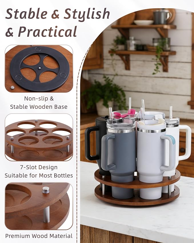 Rotating Wood Tumbler Organizer, 30 oz 40 oz Spinning Turnable Tumblers Holder, 360° Rotatable 7 Large Cups Bottle Tumbler Storage Display Stand, Rotate Syrup Organizer for Cabinet Countertop - Image 4