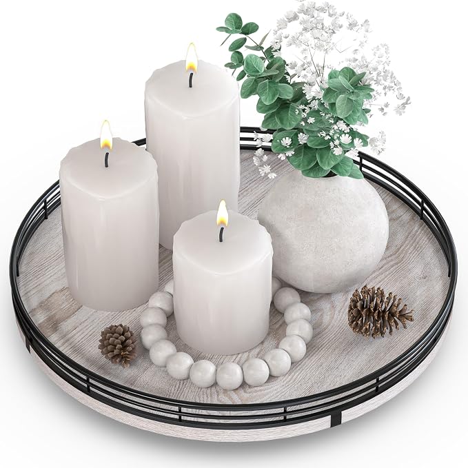 AMH 12-Inch Whitewashed Farmhouse Lazy Susan Tray with Black Metal Frame by AMH