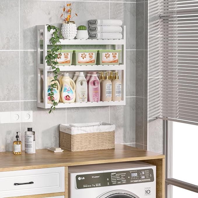 Domax Bathroom Shelves Over Toilet Storage - 3 Tier Wall Mounted Bamboo Bathroom Shelf Organizer Multifunctional Adjustable Layer Free Standing Utility Shelves for Bathroom Living Room Kitchen, White - Image 4