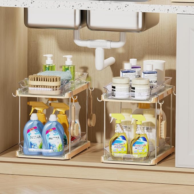 Delamu 2 Tier Under Sink Organizer Bathroom, Bathroom Cabinet Organizer with Snap-Lock Design and Hooks, Pull Out Storage with Movable Dividers, for Countertop, Kitchen and Pantry (White, 4 Pack) - Image 9