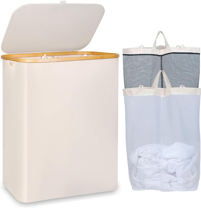 IEGrow Laundry Hamper with Lid,150L Laundry Basket with 2 Mesh Bags,Beige by iEGrow