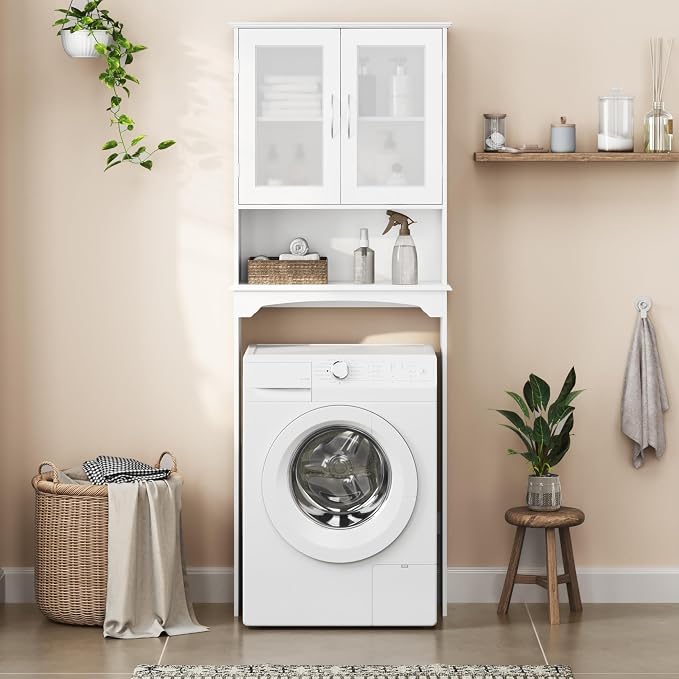 Yaheetech Slim Over the Toilet Storage Cabinet, Frosted Glass Doors, White - Image 2