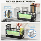 Cisily Kitchen Sink Caddy Organizer with High Brush Holder, Sponge Holder for Sink, 304 Rustproof Stainless Steel, Countertop Soap Dispenser Organizer, Black with Towel Rack, 9.25 - Image 3