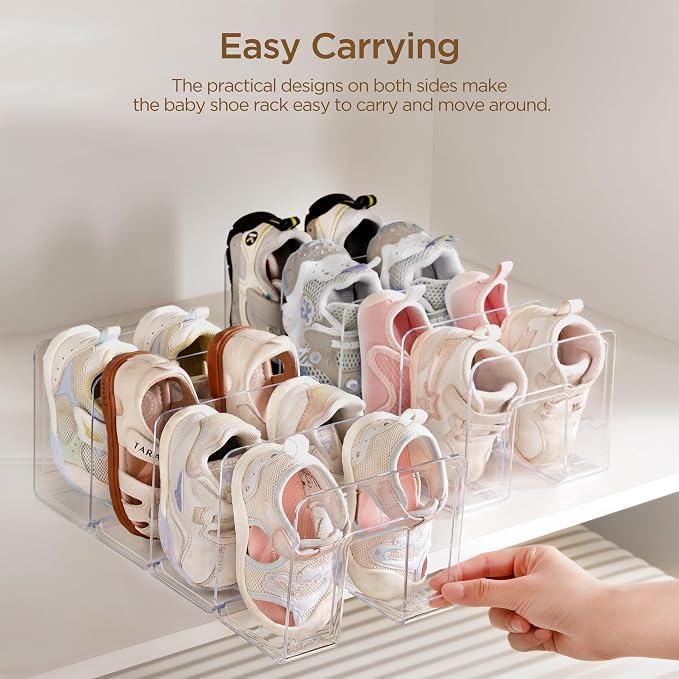 HBlife Clear Acrylic Kids Shoe Rack for Closet Organizers and Storage, Small Shoe Rack 4 Sections Toddler Baby Shoe Storage Organizer Stackable Shoe Shelf,Desk File Sorter Book Purse Organizer(3 Pack) - Image 5