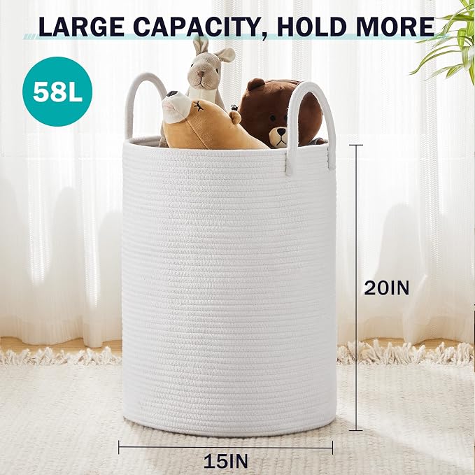 Woven Rope Laundry Hamper Basket by YOUDENOVA, 58L Tall Laundry Basket, Baby Nursery Hamper for Blanket Storage, Clothes Hamper for Laundry in Bedroom-Large-Pure White - Image 3