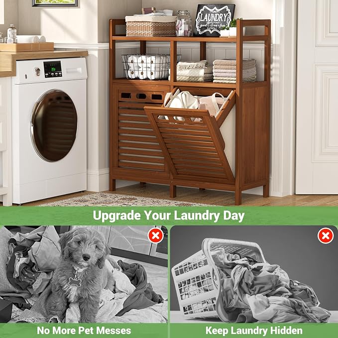 Homykic Tilt Out Laundry Hamper Cabinet, Bamboo Laundry Organizer, Walnut - Image 5