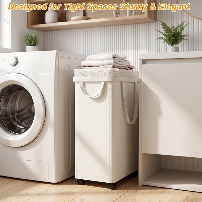 efluky Slim Laundry Hamper with Wheels and Removable Bag, Rolling Laundry Basket for Clothes, Small Laundry Basket for Bedroom, Dorm and Laundry Room, 75L (19.8 Gallons) Beige - Image 6