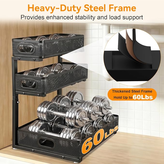3 Tier Adjustable Under Sink Organizer for Bathroom & Kitchen(2Pack, Black) - Image 5