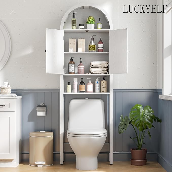 Arched Over The Toilet Storage Cabinet with Fluted Doors, 4 Tier Small Bathroom Shelf Organizer, Arched Bathroom Cabinet, Narrow Slim Toilet Rack, Adjustable Shelf, Wood, White - Image 5