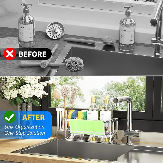 Cisily Kitchen Sink Caddy Organzier with High Brush Holder, Sponge Holder for Sink, 304 Rustproof Stainless, Kitchen Countertop Soap Dispenser Organizer (Silver With Towel Rack, 9.25″) - Image 5
