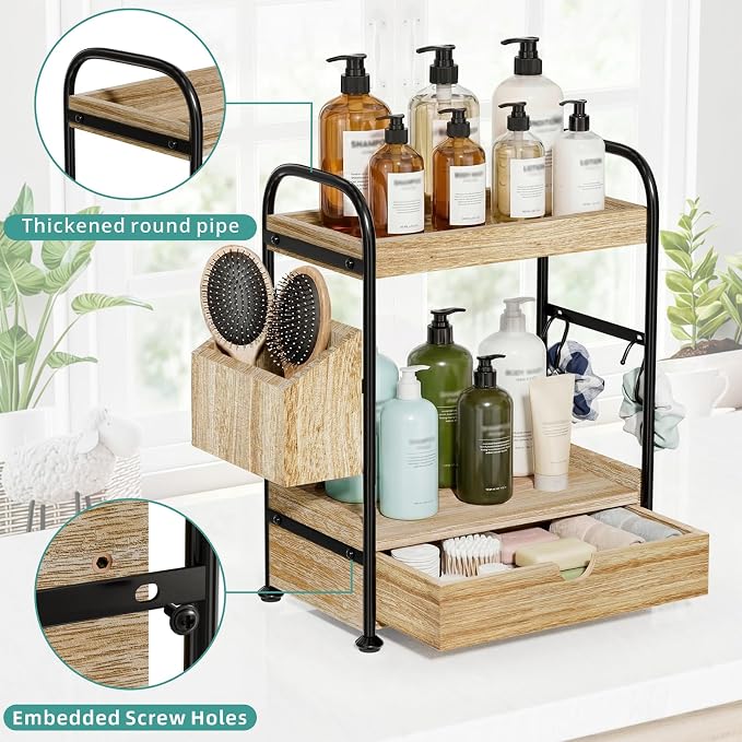 2-Tier Bathroom Counter Organizer with Drawer, Wooden Vanity Skincare Shelf - Image 5