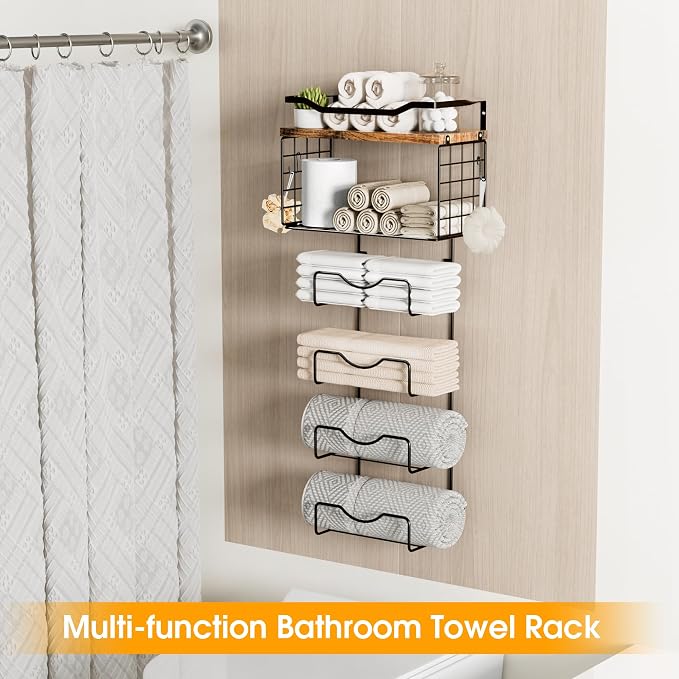 Towel Racks for Bathroom,Towel Rack Wall Mounted, 6 Tier Rolled Or Folded Towel Holder with Floating Shelves, Bathroom Towel Holder for Bath, Hand Towels,Metal and Wood - Image 3