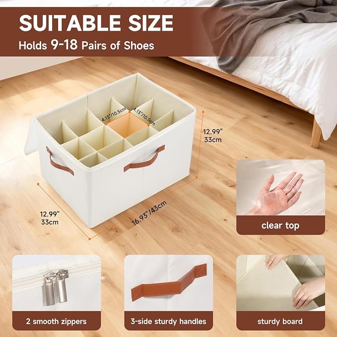 2-Pack Shoe Organizer for Closet, Foldable Shoe Storage Container with Adjustable Dividers & Clear Lid, Holds Up to 12 Pairs, Space-Saving Shoe Boxes, White - Image 2