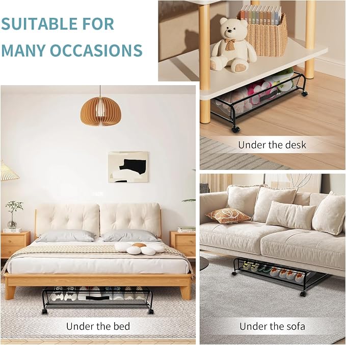 XSCQ Under Bed Shoe Storage with Wheels, Space Saving Shoe Organizer with Sturdy Metal Frame & Breathable Mesh, Suitable Under The Bed, Sofa and Desk, 1 Pack - Image 7