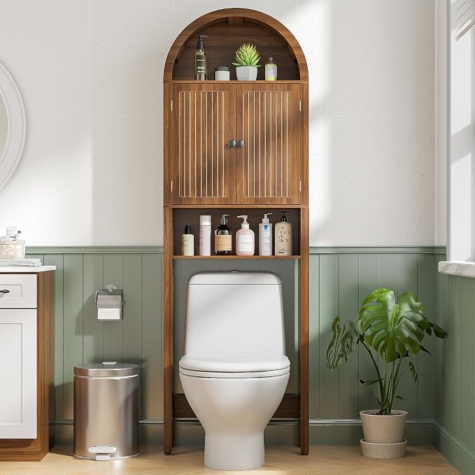Arched Over The Toilet Storage Cabinet with Fluted Doors, 4 Tier Small Bathroom Shelf Organizer, Mid Century Modern Bathroom Cabinet with Adjustable Shelf, Slim Narrow Arch Toilet Rack, Walnut - Image 3