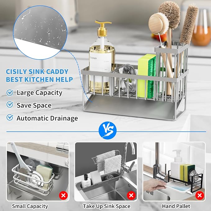Cisily Sink Caddy Organzier with High Brush Holder, Sponge Holder for Sink, 304 Rustproof Stainless, Kitchen Countertop Soap Dispenser Organizer, Gray Kitchen Decor and Accessories - Image 3