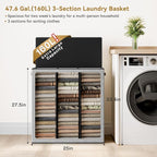 SOLEDI 160L Laundry Hamper 3 Section, Extra Large Laundry Hamper with Lid, Dirty Clothes Hamper with Sturdy Handle, Large Laundry Basket Organizer for Laundry Room, Bedroom, Hampers for Laundry - Image 2