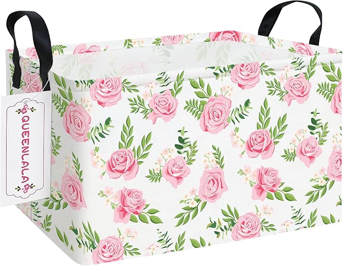 Rectangular Collapsible Laundry Basket with Side Handles, Pink Roses by QUEENLALA
