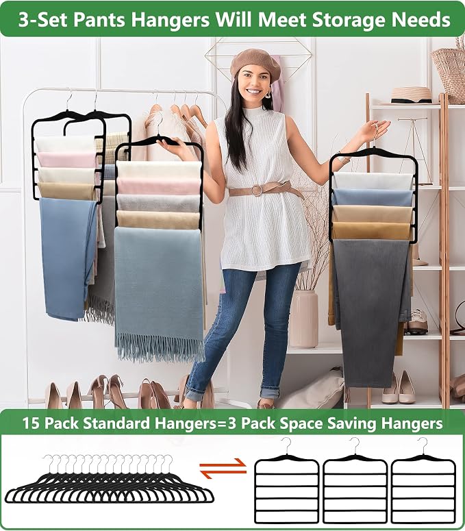 Closet Organizers and Storage, 3 Pack Pants Hangers Space Saving | Organization and Storage, Velvet Hanger for Dorm Room for College Students Girls Boys Guys Hanging Jean Scarf - Image 3