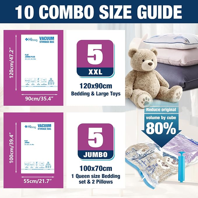 Vacuum Storage Bags Jumbo and XXL, Extra Large Vacuum Seal Bags for Bedding Blankets Comforters Clothing (5J+5XXL) - Image 2