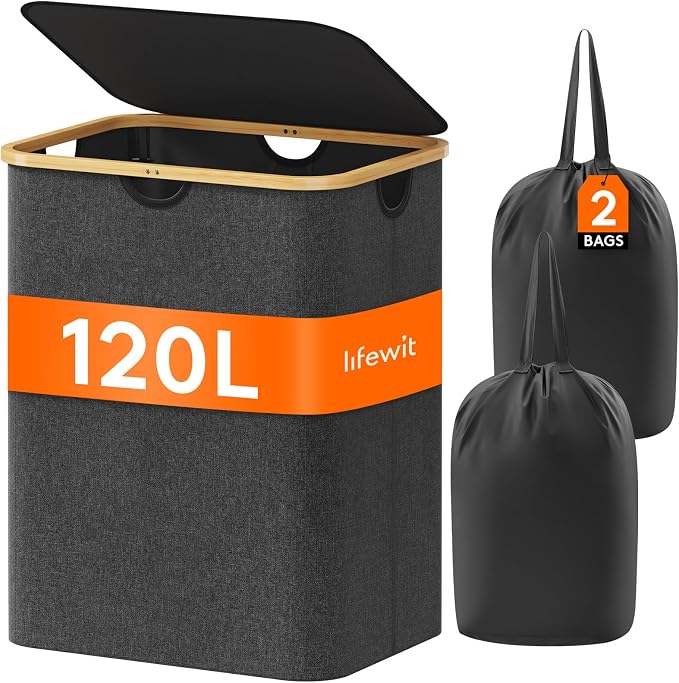 Lifewit 120L Large Laundry Basket with Lid, 2 Removable Bags, Dark Gray by Lifewit