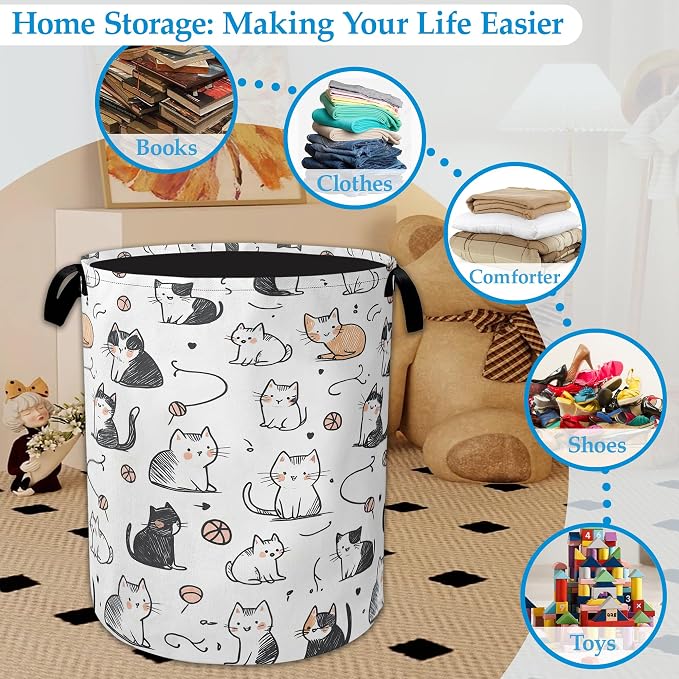 Cartoon Cat Laundry Basket Collapsible Laundry Hamper Oxford Storage Bin for Clothes Storage, Organizer, Books and Sundries 16" X 20.8" - Image 5