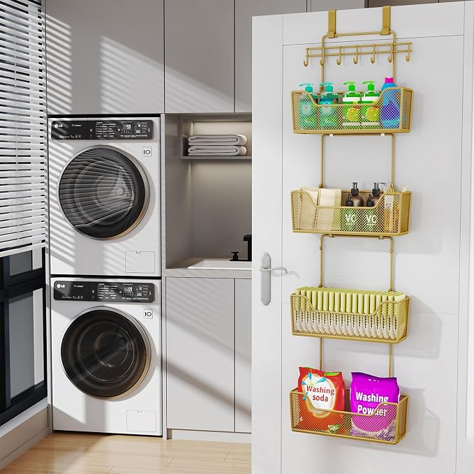 HapiRm Over The Door Organizer - Hanging Door Organizer with 4 Metal Large Capacity Baskets and Adjustable Coat Hook for Bathroom Bedroom Kitchen Pantry Closet Cabinet - Image 2