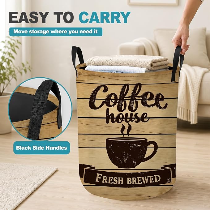 Laundry Basket,Coffee House Foldable Clothes Hamper with Handles,Rustic Wooden Cafe Waterproof Oxford Cloth Storage Organizer for Bedroom Bathroom College Dorm,16" x 20" - Image 5
