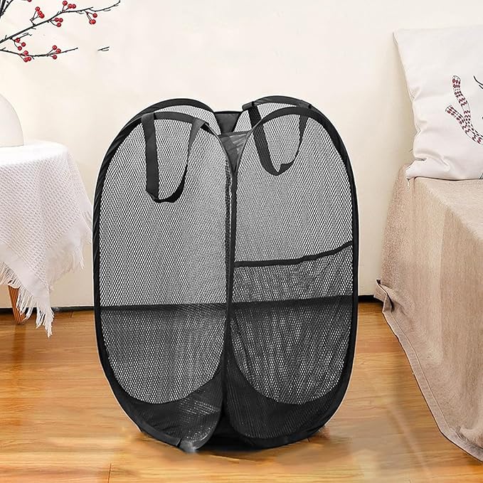 Pop Up Laundry Hamper Pack of 2 Mesh Collapsible Laudry Baskets with Side Pocket and Handles, Easy to Carry for Cruise, Home, Dorms, Laundry Room (Black+Rose red) - Image 7