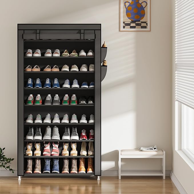 Laiensia 9-Tier Vertical Shoe Rack Organizer, Space Saving Shoe Storage Organizer, Non-Woven Cover Shoe Shelf Holds 36-45Pairs for Bedroom, Hallway, Closet Entryway, Grey - Image 8